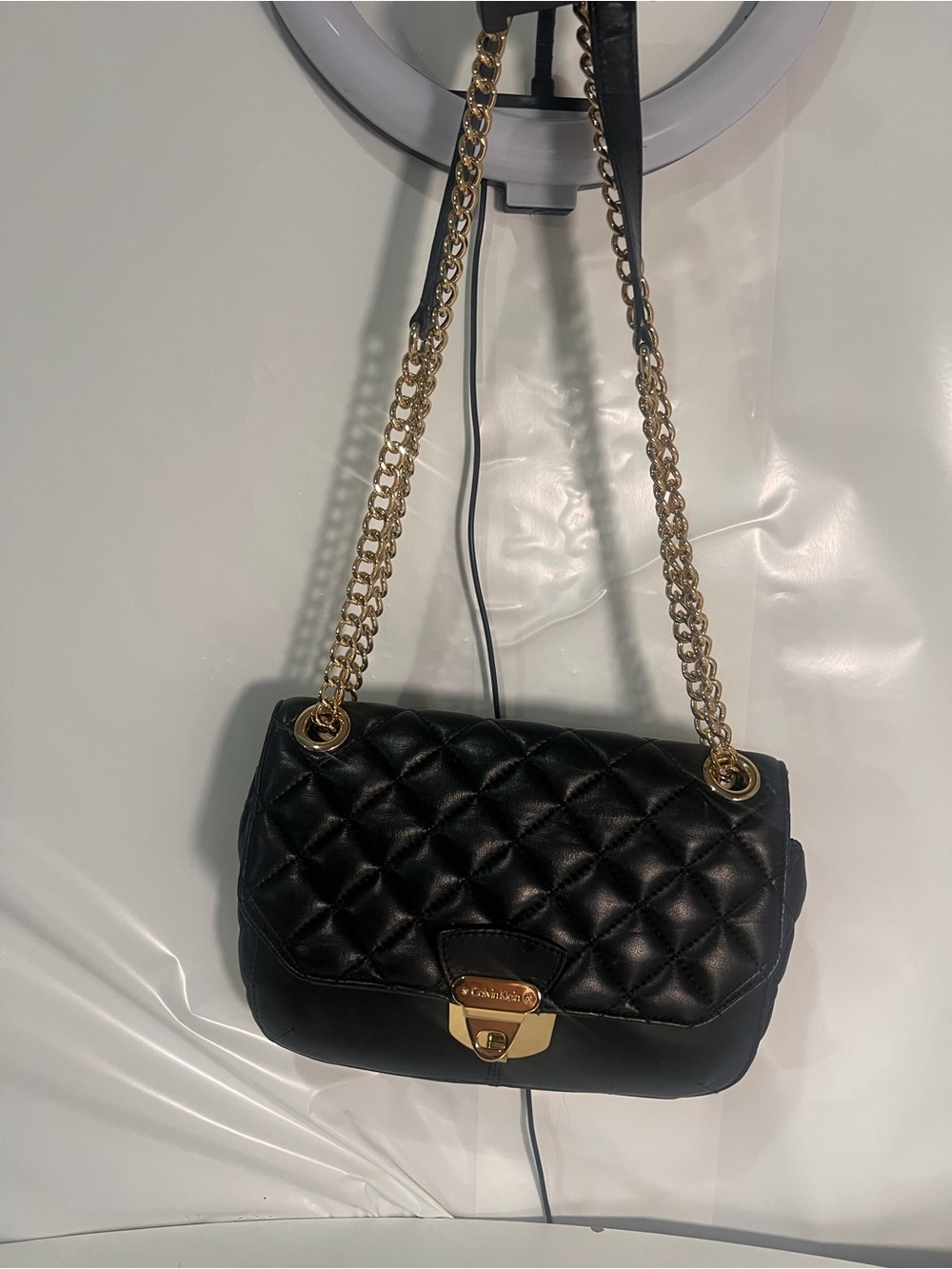 Calvin Klein Black Leather Shoulder Crossbody with Gold Hardware